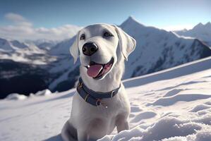 gelukkig en glimlachen labrador retriever hond rennen Aan de besneeuwd berg met daglicht lucht achtergrond. dier en huisdier concept. generatief ai foto