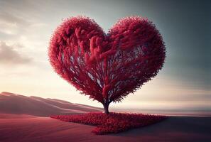 rood hart vorm boom landschap met lucht achtergrond. valentijnsdag dag en romance concept. digitaal kunst illustratie. generatief ai foto