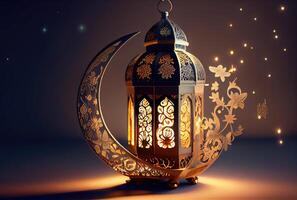 Ramadan festival lantaarn en rekwisieten Aan de verdieping achtergrond. cultuur en religie concept. digitaal kunst illustratie. generatief ai foto