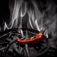 rood Chili met brandend brand vlam in heet pan Aan zwart achtergrond. generatief ai foto