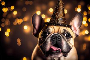portret van schattig gelukkig Frans bulldog in de viering partij met bokeh licht en confetti in de donker achtergrond. generatief ai foto