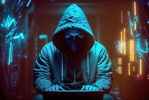 hacker in de zwart kap in de server kamer. onherkenbaar mensen. technologie en cyberveiligheid en crimineel concept. generatief ai foto