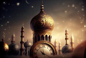 gouden Islamitisch moskee in nieuw jaar viering festival achtergrond. cultuur en religie concept. digitaal kunst illustratie. generatief ai foto