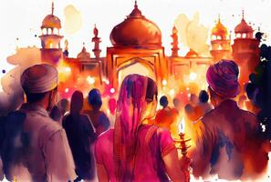 Indisch menigte mensen in de diwali de festival van lichten in de nacht met kaars lichten vuurwerk en moskee achtergrond. generatief ai foto