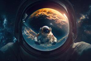 portret van astronaut reflecteren met een ander astronaut vriend in de heelal in de ruimte. wetenschap en technologie concept. blauw aarde thema. generatief ai foto