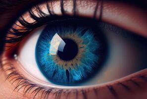 detailopname van blauw oog van menselijk. medisch en gezondheidszorg concept. generatief ai foto