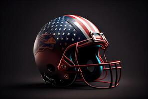 Amerikaans Amerikaans voetbal helm in de donker met verlichting achtergrond. sport en atleet concept. generatief ai foto