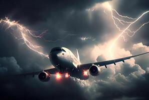 reclame vliegtuig raken door bliksem donder in slecht weer storm achtergrond. vervoer en ongeluk concept. generatief ai foto