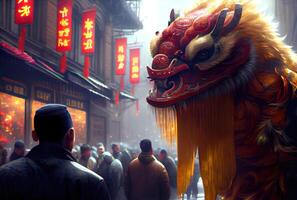 Chinese leeuw dans tonen in de Chinatown met menigte mensen achtergrond. oosters cultuur traditioneel en Aziatisch festival concept. generatief ai foto