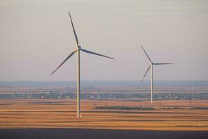 een veld- met wind turbines foto