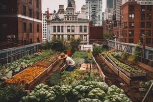 persoon tuinieren in stedelijk milieu in groot nieuw york stad illustratie generatief ai foto