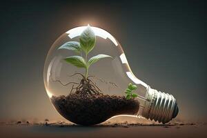 fabriek groeit uit van een licht lamp, symboliseert duurzame energie en milieubewustzijn illustratie generatief ai foto
