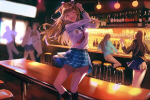 mooi anime school- meisje dansen in een tafel bar illustratie generatief ai foto