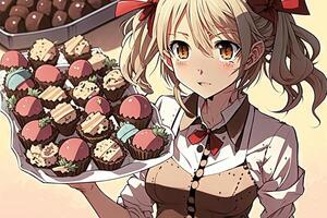 mooi school- meisje Holding een dienblad van Pasen cupcakes, met mini chocola eieren net zo toppings Pasen illustratie manga stijl generatief ai foto