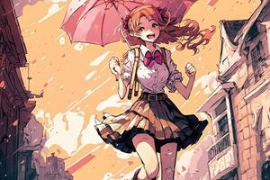 mooi meisje in mini rok met een roze parasol, wandelen door een regenachtig stad en verspreiden zonneschijn met haar positief houding, manga stye illustratie generatief ai foto