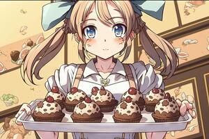 mooi school- meisje Holding een dienblad van Pasen cupcakes, met mini chocola eieren net zo toppings Pasen illustratie manga stijl generatief ai foto