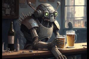 robot drinken een bier in een bar illustratie generatief ai foto