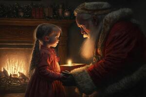 de kerstman claus geven Kerstmis geschenk naar een mooi zo meisje in de buurt haard illustratie generatief ai foto