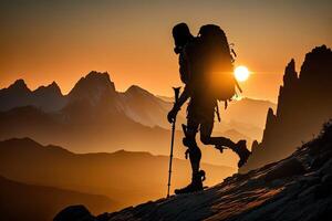 silhouet van prothese klimmer Aan een clif Bij zonsondergang. actief mensen met handicaps. illustratie generatief ai foto