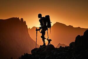 silhouet van prothese klimmer Aan een clif Bij zonsondergang. actief mensen met handicaps. illustratie generatief ai foto