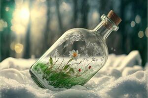 voorjaar is in een fles buiten sneeuw en ijs van winter illustratie generatief ai foto