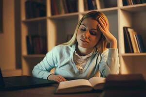 moe college meisje aan het studeren laat nacht Bij huis foto