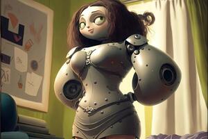 heel strak robot meisje in slaapkamer illustratie generatief ai foto