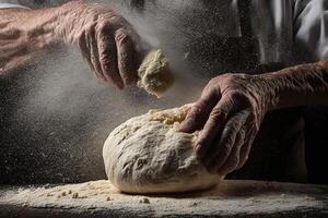 Mens voorbereidingen treffen brood deeg Aan houten tafel in een bakkerij dichtbij omhoog oud Mens kneden deeg, maken brood gebruik makend van traditioneel recept, geïsoleerd Aan zwart achtergrond illustratie generatief ai foto