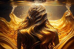 mooi vrouw zwemmen in vloeistof goud visie van de terug illustratie generatief ai foto