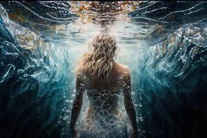 mooi vrouw zwemmen in vloeistof diamanten visie van de terug illustratie generatief ai foto