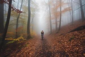 visie van de terug van een Mens rijden berg fiets in de bossen illustratie generatief ai foto
