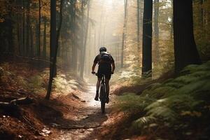 visie van de terug van een Mens rijden berg fiets in de bossen illustratie generatief ai foto