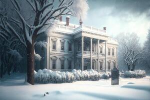 wit huis onder de sneeuw Kerstmis sneeuwstorm in Washington dc stad horizon in winter. illustratie generatief ai foto