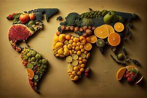 wereld kaart gemaakt van vers fruit creatief eetpatroon voedsel gezond aan het eten concept illustratie generatief ai foto