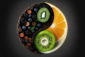 yin yang symbool gemaakt van gezond voedsel generatief ai foto