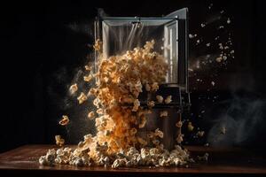 barsten van popcorn pitten exploderend uit van een popcorn machine illustratie generatief ai foto