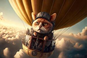 schattig kat piloot van een heet lucht ballon illustratie generatief ai foto