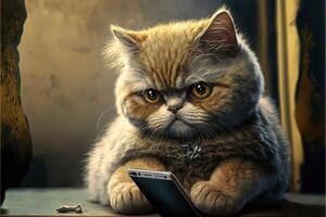 kat gebruik makend van smartphone. concept voor huisdieren gebruik makend van technologie, of dieren imiteren mensen. illustratie generatief ai foto