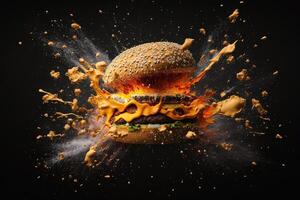 heerlijk hamburger exploderend in voorkant van de camera met drijvend ingrediënten Aan zwart achtergrond illustratie generatief ai foto