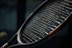 tennis racket raken de bal in energie detail explosief illustratie generatief ai foto