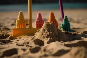 vakantie concept met Zandkasteel Aan de kust en plastic strand speelgoed dichtbij omhoog illustratie generatief ai foto