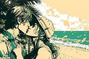 romantisch paar zoenen Aan de strand, manga stijl illustratie generatief ai foto