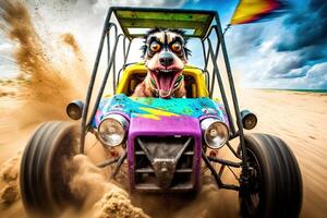 gek hond het rijden duin buggy Aan de zanderig strand illustratie generatief ai foto