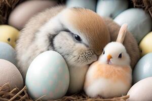 schattig konijn en kuiken geknuffeld omhoog samen, omringd door pastel - gekleurde Pasen eieren Pasen illustratie generatief ai foto