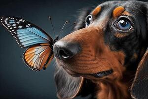 teckel hond met reusachtig vlinder Aan neus- illustratie generatief ai foto