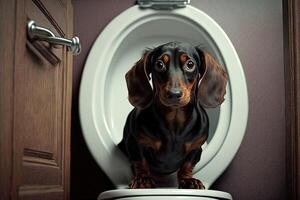 teckel hond gebruik makend van toilet illustratie generatief ai foto