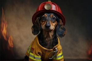 teckel hond in een brandweerman pak en kleding illustratie generatief ai foto