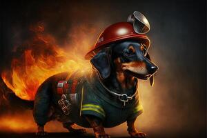 teckel hond in een brandweerman pak en kleding illustratie generatief ai foto