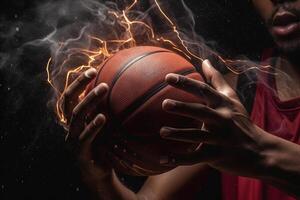 basketbal speler handen Holding bal in explosie van energie en brand illustratie generatief ai foto