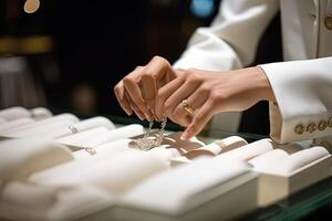 detail van handen van vrouw buying luxe sieraden op te slaan illustratie generatief ai foto
